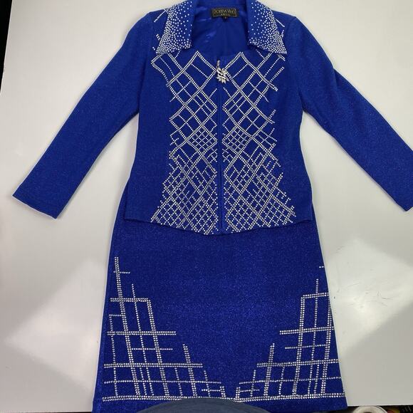 STUNNING rhinestone Donna Vinci Knits Church Skirt Suit 8 Blue Wool Blend Jewels - Picture 2 of 16